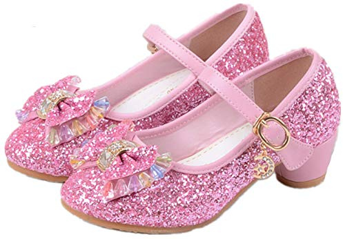 YOGLY Babies Fille Chaussure à Talon Enfant Ballerine Princesse avec Paillettes Noeud Papillon Chausson Maryjane Princesse Chaussures à Talons Hauts Enfants Party Pompes,31 EU,Rose