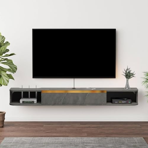 Pmnianhua Floating TV Stand, Wall Mounted Entertainment Center TV Media Console, Floating Shelves with Door, Floating TV Cabinet Large Storage TV Bench for Living Room (Dark Grey, 140cm)