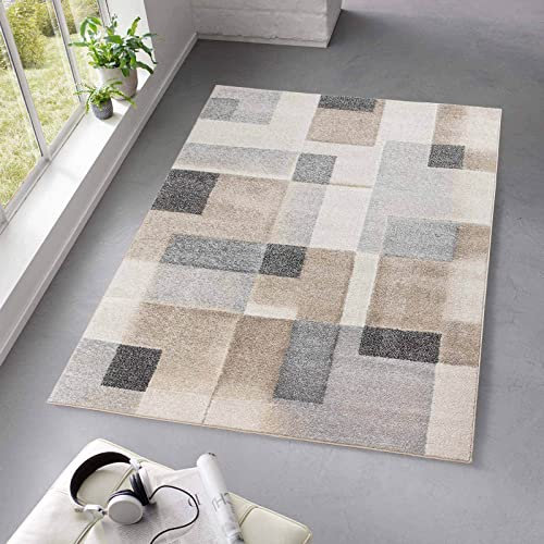 Taracarpet Kurzflor Teppich fürs Wohnzimmer Schlafzimmer und das Kinderzimmer Moderner Designerteppich TC-Fashion 6114 Karos in grau-beige 140x200 cm