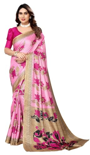 IMTRA FASHION Sari de seda con estampado indio para mujer con blusa sin costuras, rosa pastel, L