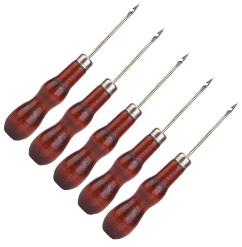 5 Punzones con de Madera, Punzón para Coser, Herramienta de Punzón para Reparación de Zapatos, Gancho de Ganchillo, Punzón para Coser Cuero, Herramienta para Agujas de Zapatos