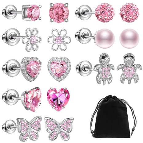 8 pares de pendientes de diamante rosa para niños, pendientes personalizados hipoalergénicos, pendientes adecuados para niñas, flores lindas, mariposas, Cuero