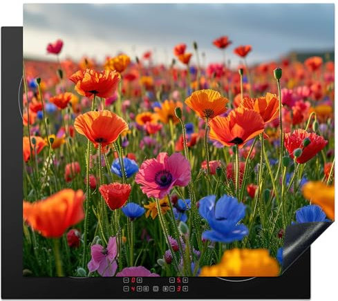 KitchenYeah© Herdabdeckplatte Einteilig Küche Ceranfeld Abdeckplatte Cerankochfeld Abdeckung Induktionskochfeld Schutzmatte Blumen - Mohnblumen - Blumenfeld - Pflanzen - Frühling - 60x52 cm
