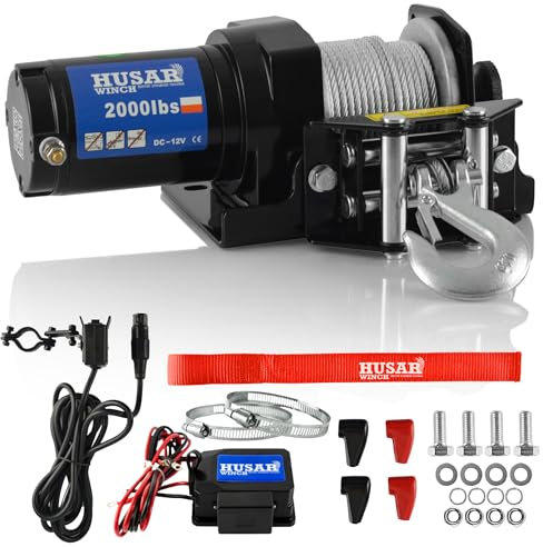Husar Winch Elektrische Seilwinde 12V, 2000 lbs 907 kg, Drahtseil 15 Meter lang, sehr stark,Kabelgebundene Steuerung, automatische Bremse, Montagesatz - ideal für Quads und ATV/UTV