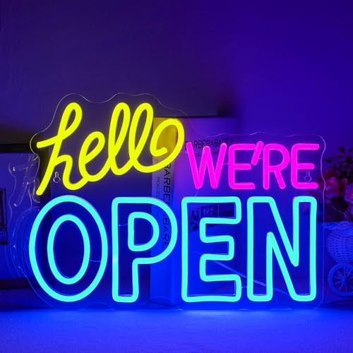 Ineonlife Open Letrero de Neón, Luz Led Regulable para Decoración de Paredes, Letreros Luminosos de Neón con USB, Azul Amarillo Rosa Hello We're Open Luces de Neón para Bar Tienda