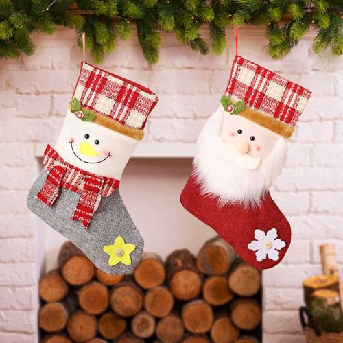 Kendwing Weihnachtssocken Kamin,2 Stück Weihnachtssocken zum Aufhängen,Nikolausstiefel zum Befüllen,Weihnachtsstrumpf Personalisiert Geschenktüte,Kaminsocken Mit Weihnachtsmann Schneemann Weihnachten