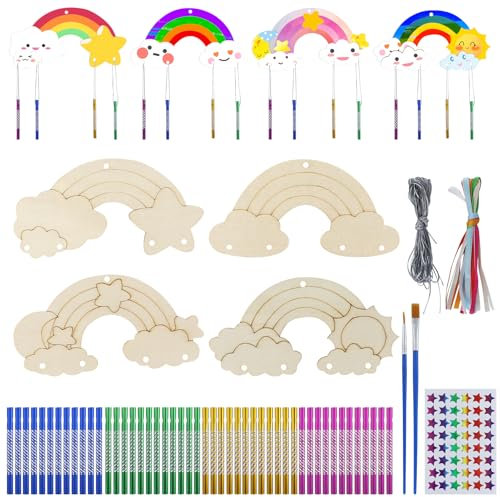Lot de 12 carillons éoliens en bois arc-en-ciel pour enfants - Carillon sonore - Bricolage artisanal à peindre - Bois à peindre - Pour filles et garçons - Anniversaire d'enfant