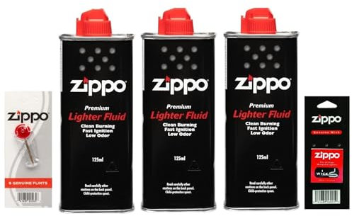3x Ziippo Lighter Fluid Fuel Petrol Tins (125ml) + 1 Wick + 6 Flints