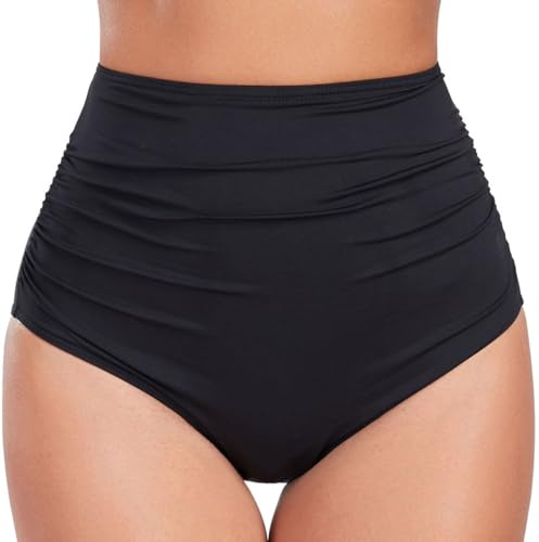Joweechy Womens High Waisted Bikini Bottoms Retro Tummy Control Swim Briefs Ruched Swimming Shorts M,Black