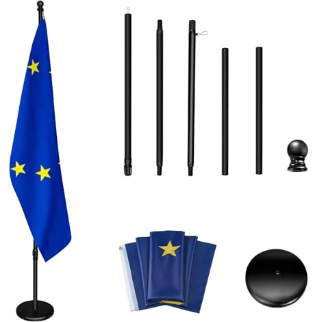 Asta per bandiera per interni con base, 200 cm-252 cm sollevata e abbassata per regolare l'altezza, la base aggiunge peso, aste girevoli a 360 gradi, bandiera dell'Unione Europea 90 x 150 cm. Adatto