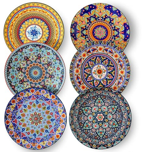 glowworm Dinner Plates, 10.5 Inch Ceramic Plates Set of 6 for Steak, Snacks, Pizza, Cake, Colorful Serving Dishes for Kitchen, Cooking, Microwave Dishwasher Safe, Bohemian