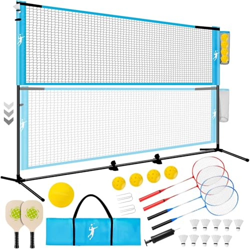 Filet Badminton Extérieur, Filet Volley Ball, Set de Filet Pickleball Réglable Hauteur, Ensemble Portable pour Tennis avec Raquettes de Pickleball & Badminton, pour Jeux Intérieur et Extérieur