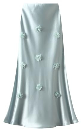 FM2018XSL Mujer Falda de Satén Larga con Flores 3D Cintura Elástica Elegante Estilo Chino Falda Ajustada de Sirena (FR/ES, Letras, M, Regular, Regular, Azul Claro)