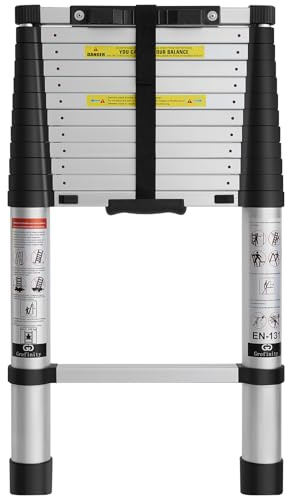 Grefinity 12.5 FT Aluminum Telescoping Ladder, One Button Retraction Extension Ladder, 375 lbs Load Capacity with Non-Slip Wide Feet, Compact Portable for Indoor Outdoor Use, RV, Attic and Roof Use