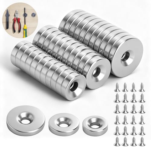 LOLANIUT 36 stycken neodymmagneter med hål, neodymmagneter extra starka i 3 storlekar, 3 mm, magneter stark, krukmagnet med skruvar M3/M4, magnet rund, magnet skruvbar för kök, verkstad och garage