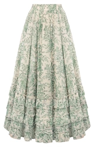 SCARLET DARKNESS Falda larga de mujer con estampado floral de gasa elástica victoriana de cintura alta con volantes y volantes con bolsillos, Flores verdes, L