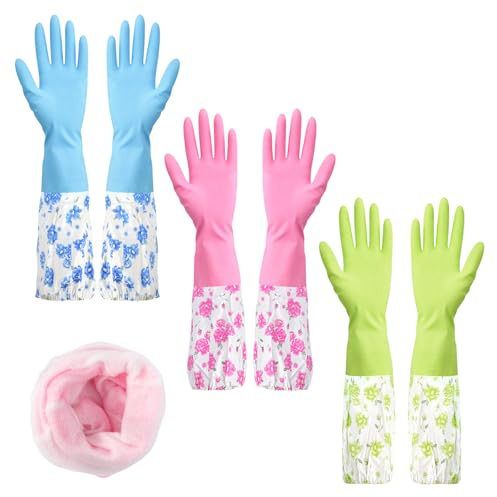 3 Pair Rubber Latex Washing up Gloves Long Cuff Cleaning Gloves with Lining