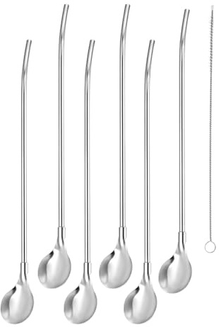 APGLSXY 6 cucharas de paja con cepillos de limpieza, cuchara agitadora de cóctel, mango largo, herramienta de agitación, cuchara de paja de mango largo