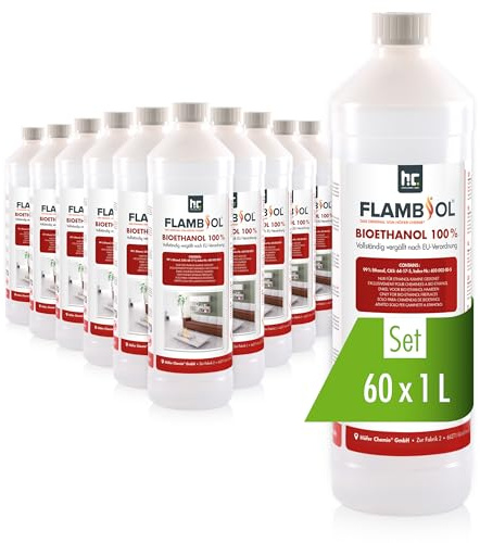 Höfer Chemie FLAMBIOL® Bioéthanol 60 x 1 L Ultra Pur 100% - Combustible Écologique pour Cheminées de Table et Poêles en Acier Inoxydable, Combustion Propre et Inodore