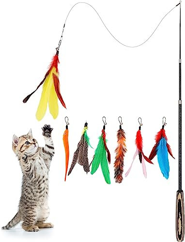 Pawaboo Katzenspielzeug - Interaktives Katzenangel Katze Spielzeug Katzen-Spielstab Katzenspielzeug-Stab mit Federn und 38,6 Zoll Stab und Glocken für Kätzchen oder Katze, Bunte Streifen
