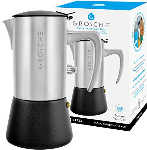 GROSCHE Milano Steel | 10 Espresso Cup | Stovetop Espresso Maker: Stainless Steel Moka Pot for Greca, Induction, Electric & Gas Stoves | Dishwasher Safe Stovetop Espresso Maker Moka Pot