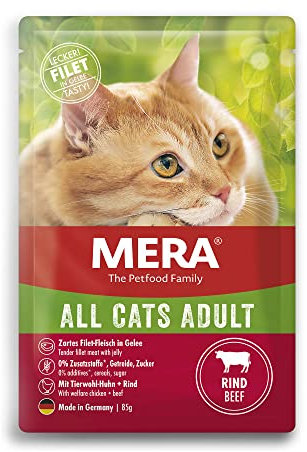 MERA Cats Adult Rind (12x85g), Nassfutter für ausgewachsene Katzen, getreidefrei, Katzennassfutter mit hohem Fleischanteil