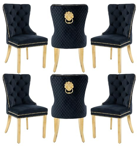 Homedraft Velvet Dining Chairs Set of 6 with Gold Legs and Lion Head, Black