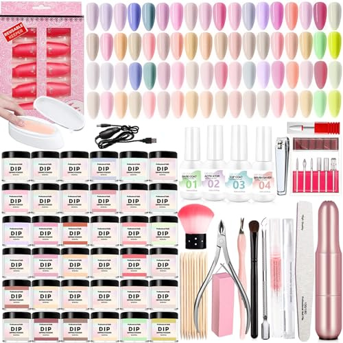 75Pcs Dipping Powder Nail Starter Kit 36 Colors Dip Powder French Set with Base Coat Activator Top Brush Saver Professional Electric Nail Drill Machine for DIY Home & Salon