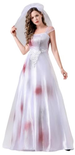 Halloween Kostüm Damen Zombie Braut Kleid mit Brautschleier Costume Brautkostüm Kostüme Gruselig Maxikleid Cosplay Lang Erwachsene Blutig Karneval Kleidung Tüll Halloween-Kostüm Weiß