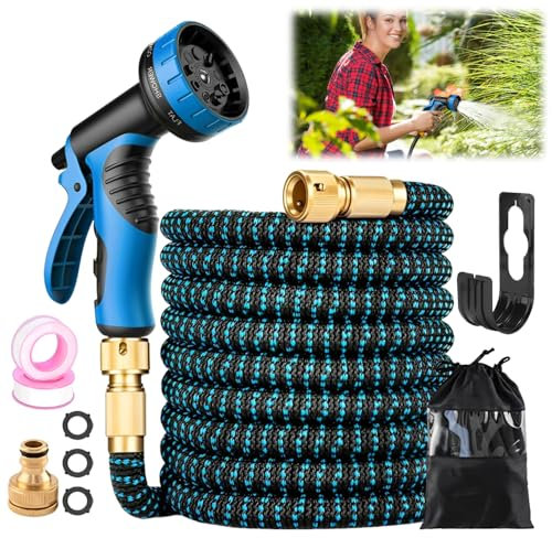 Gartenschlauch Flexibel, 50ft/15m Flexibler Gartenschlauch mit 8 Funktionssprühdüsen, Wasserschlauch Flexibel mit 3/4 zoll und 1/2 zoll Soliden Messinganschlüssen, FlexiSchlauch Garden Hose