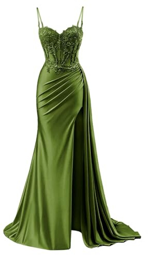 YIANN Robe de bal en satin avec col en V pour femme - Robe de soirée formelle sirène 2025 avec fente, vert olive, 38
