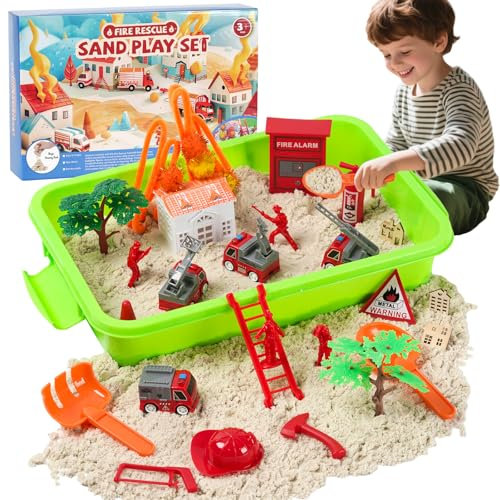 GHIAKQYT 50 Teile Kinetic Sand Set Junge, mit 1 KG Kinetic Sand Baustelle Toy, Fire Brigade Role Play, Kinetischer Set, Sandkasten mit Deckel, Sensorisch Sandspielzeug für Kind Gift ab 3 4 5 6 7 8 9