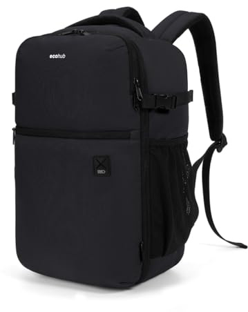 ECOHUB for Ryanair Cabin Bags 40x20x25, Underseat Travel Backpack with Anti-Theft Pocket, Cabin Size Carry on Bag for Airplanes, Water-Resistant Hand Luggage Bag with Laptop Compartment, 20L-Black