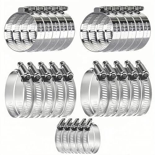 25 PCS Abrazaderas de Acero Inoxidable Plateado, Ajustables 6-51mm, Clips Resistente para Fijación de Mangueras y Tuberías de Agua, Abrazaderas para Tubos Automotrices, Industriales y Domésticos
