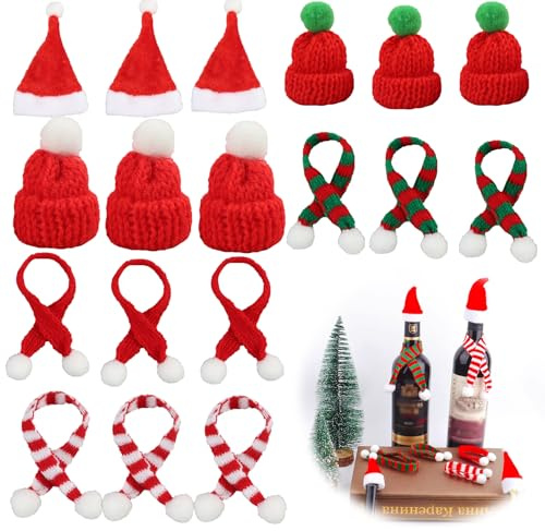 18 Piezas Mini Gorros de Papá Noel y Bufandas, Mini Sombrero de Navidad, Tapa de Botella Sombrero de Decoración, Sombrero de Piruleta, para Decoración de Navidad, Fiestas y Proyectos de Manualidades