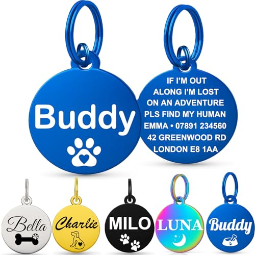 Personalised Dog Tags for Pets UK Prime, Deep Engraved Cat Dog Name ID Tags, Stainless Steel Pet Tag for Doggy Kitten Kitty Puppy, Scratch Resistant Tag (Blue Round, L)