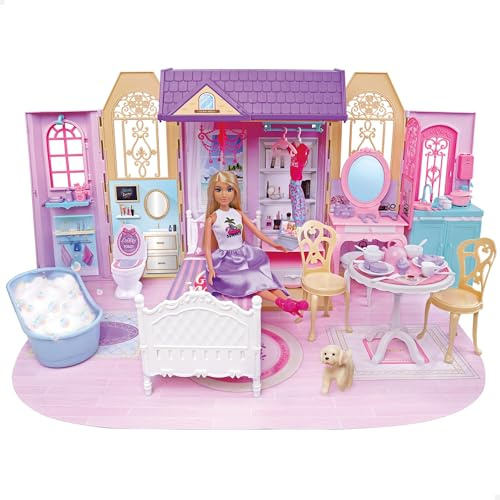 ColorBaby Isabella Casa de muñecas, 1 Planta, 74x37 cm, Muñeca articulada 30 cm, Más de 60 Accesorios, Diseño Plegable con asa, Casita portátil, Juguetes para niñas 3 años (39416)