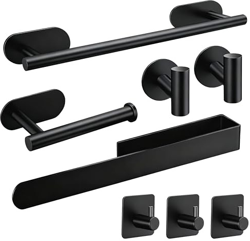 Toalleros de Baño Sin Taladro 8PCS Juego de Herrajes de Baño de Acero Inoxidable Gancho para Toallas Portarrollos para Papel para Baño y Cocina (Negro)
