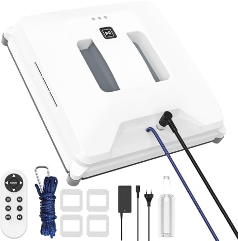 Robot limpiador de cristal cuadrado con seguridad anticaída UPS y cable – aspiración 3000 Pa, mando a distancia – para ventanas de apartamento, vitrinas y superficies lisas verticales (A)