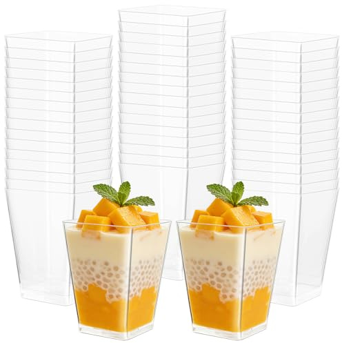 Otauoaea 50 Piezas Vasos de Postre Reutilizables, 160ml Tazas de Postre Vasitos para Postres, Transparente Cuadrado Copas Postres para Mousse, Pudín, Helado, Yogur - para Cumpleaños, Fiesta, Boda