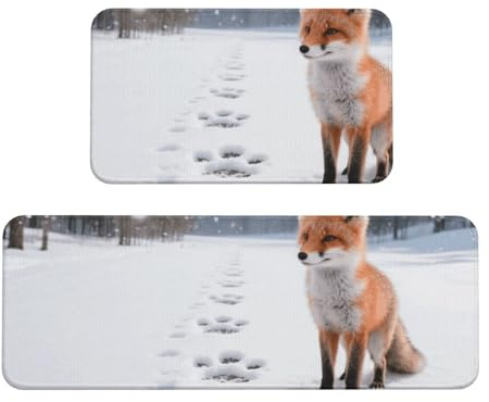 Fox Paw Print Kitchen Rugs Set of 2, Cushioned Anti-Fatigue Kitchen Mats for Floor, Waterproof Comfort Standing Mat Absorbent Velvet Kitchen Runner Rugs 17x30+17x47