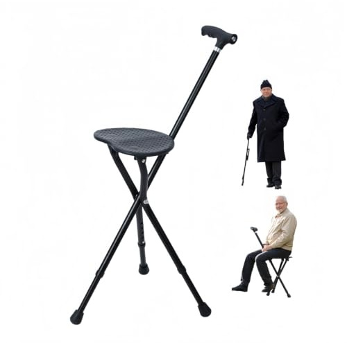 Kiuaso Walking Stick with Seat, 2 in 1 Folding Walking Stick, Adjustable Height Heavy Duty Walking Cane with LED Light, Non-Slip Foot Pad, for Elderly, Men, Women, Indoor Outdoor
