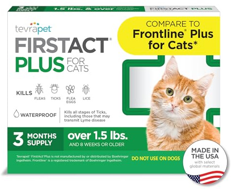 TevraPet FirstAct Plus Flea and Tick Topical for Cats over 1.5lbs, 3 Dose Waterproof Flea and Tick Control/Prevention for 3 Months