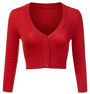 Totatuit Women's Cropped Cardigan V Neck Bolero Shrug Open Front Knitted Buttons Jumper Red