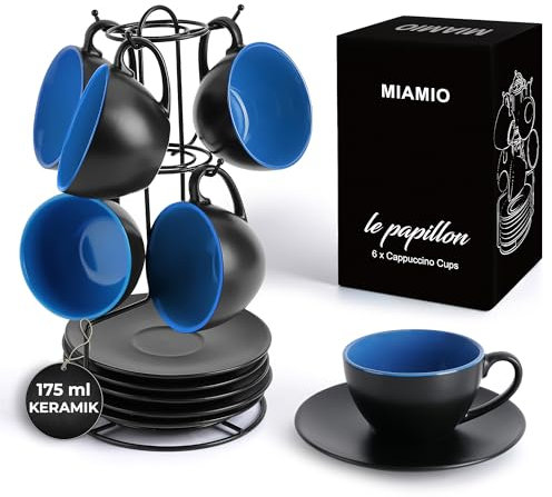 MIAMIO - 6 x 175 ml Tasse Cappuccino Tassen mit Unterteller & Ständer/Cappuccinotassen Set - Le Papillon Kollektion (Blau)