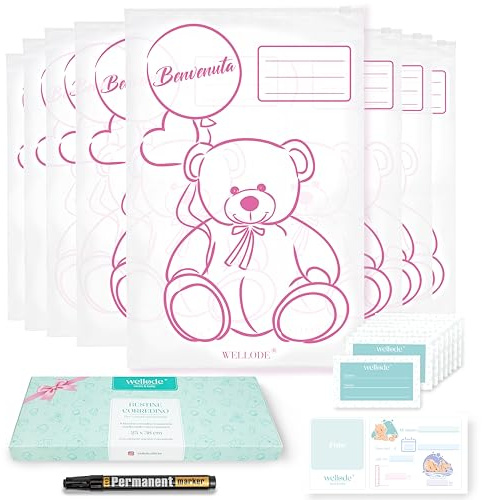 Wellode® 8 Bustine Corredino Neonato Ospedale Teddy Bear con Pennarello - Sacchetti Cambio Neonato Riutilizzabili per Asilo e Viaggi - Idea Regalo Nascita Baby Shower e Lista Nascita Bebè