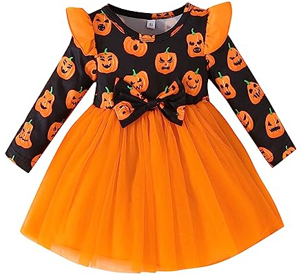 PythJooh Baby Girl Halloween Dress Toddler Kid Long Sleeve Halloween Pumpkin Floral Tulle Dress for 0-4Years