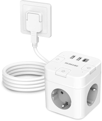 SUDEERY Cube de prise 6 en 1 avec USB C, 3 prises, prise plate avec interrupteur individuel, multiprise cube avec câble de 2 m, 1 multiprise USB de type C pour bureau, maison, voyage (blanc)