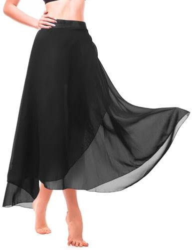Yolev Lange Ballettrock Schwarz Ballettkleidung Damen Ballett Wickelrock Chiffon Ballettrock Damen Chiffon Tanz Wickelrock mit Verstellbarem Gürtel Gymnastik Tutu Tanzkleidung für Frauen