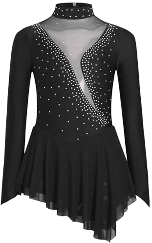 Oyolan Enfant Fille Robe Patinage Artistique Manches Longues Strass Asymétrique Robe Danse Leotard Gymastique Spectacle A Noir 9-10 Ans